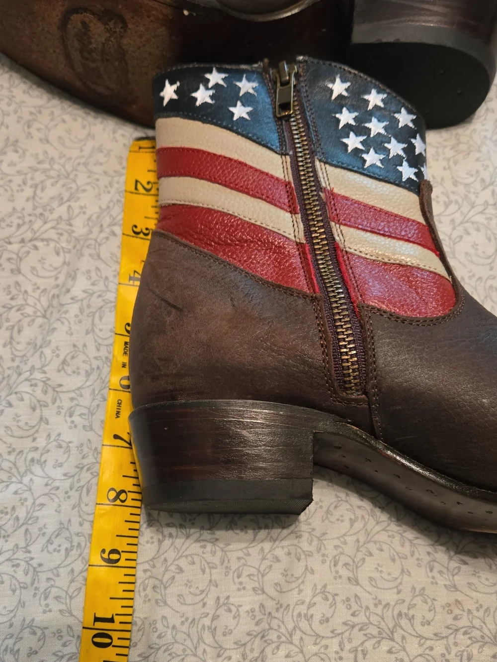 Woman's Western Ankle Boots with American Flag Accent - Brown. Size 8.5B